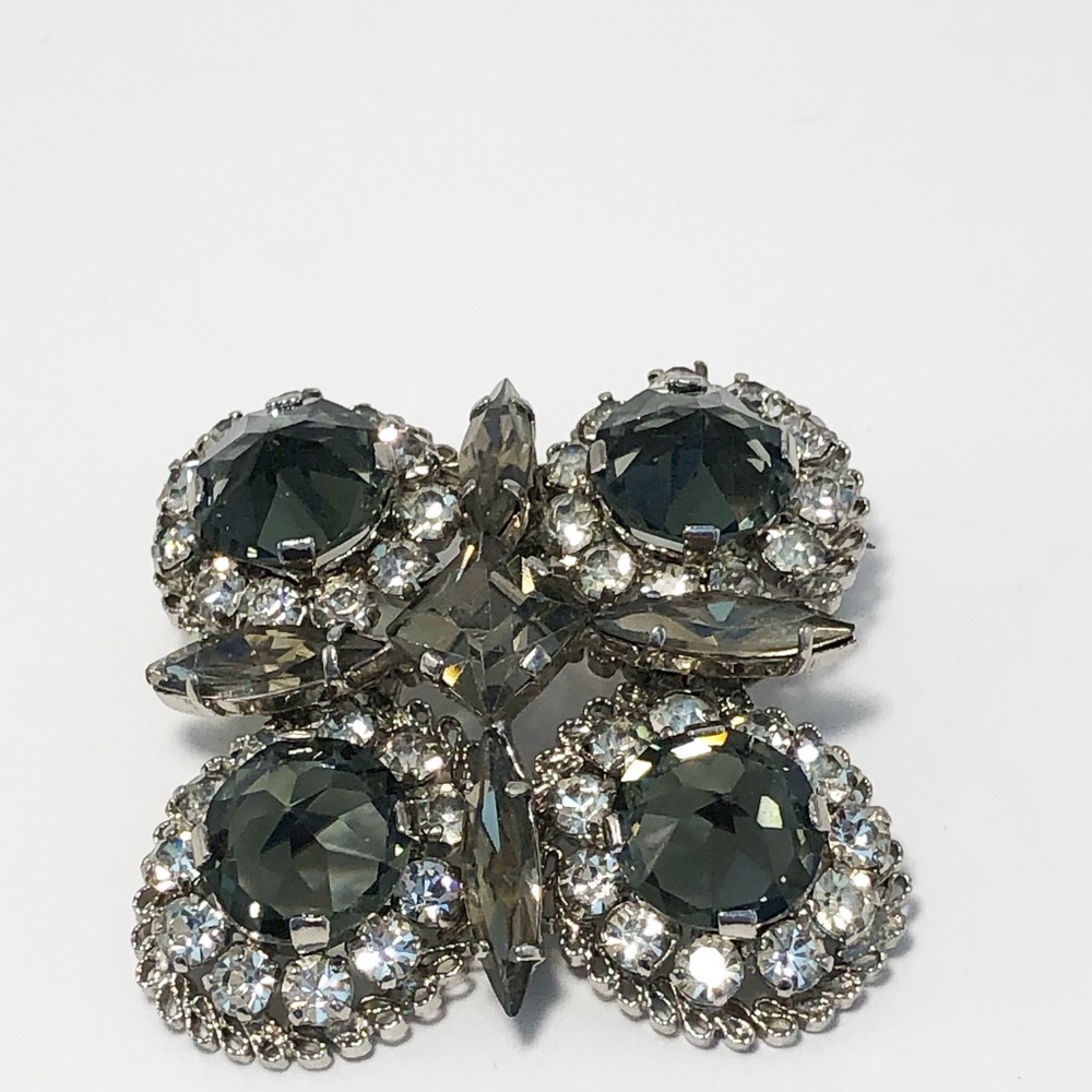 Austrian Crystal Brooch with Bluish Green Faceted Crystals.